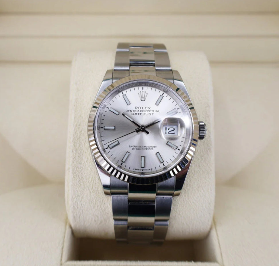 ROLEX DATEJUST OYSTER SILVER WHITE GOLD FLUTED BEZEL 2023